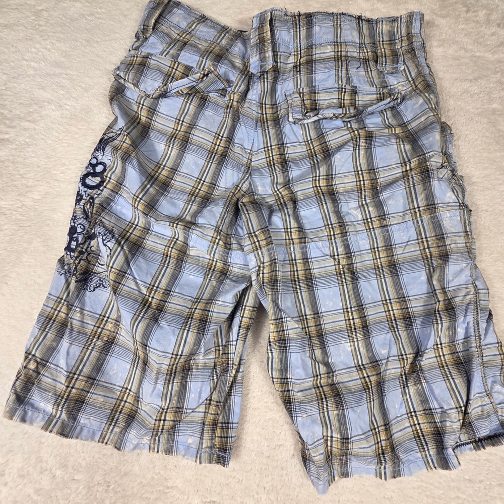 Vurt Cargo Shorts Mens 30 Blue Plaid  Bleach Splatter Graphic Y2K‎ Skater